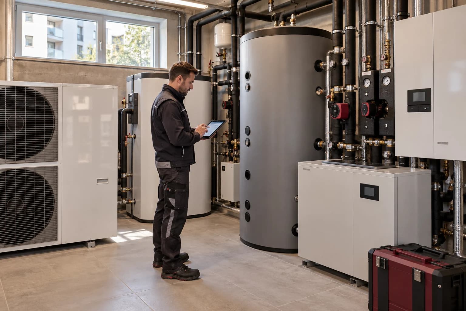 Technik sprawdzający instalacje w nowoczesnym pomieszczeniu technicznym budynku